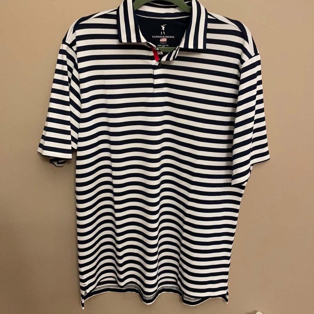 NWOT FAIRWAY & GREENE men’s POLO Golf nautical striped poly stretch Large